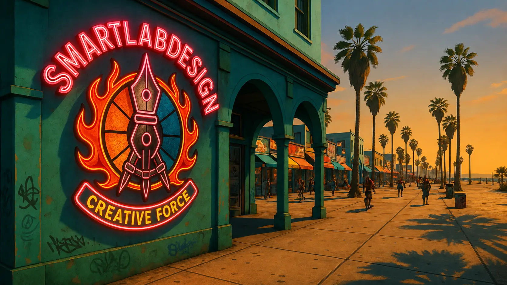 SmartLabDesign neon identity on a palm-lined promenade at sunset