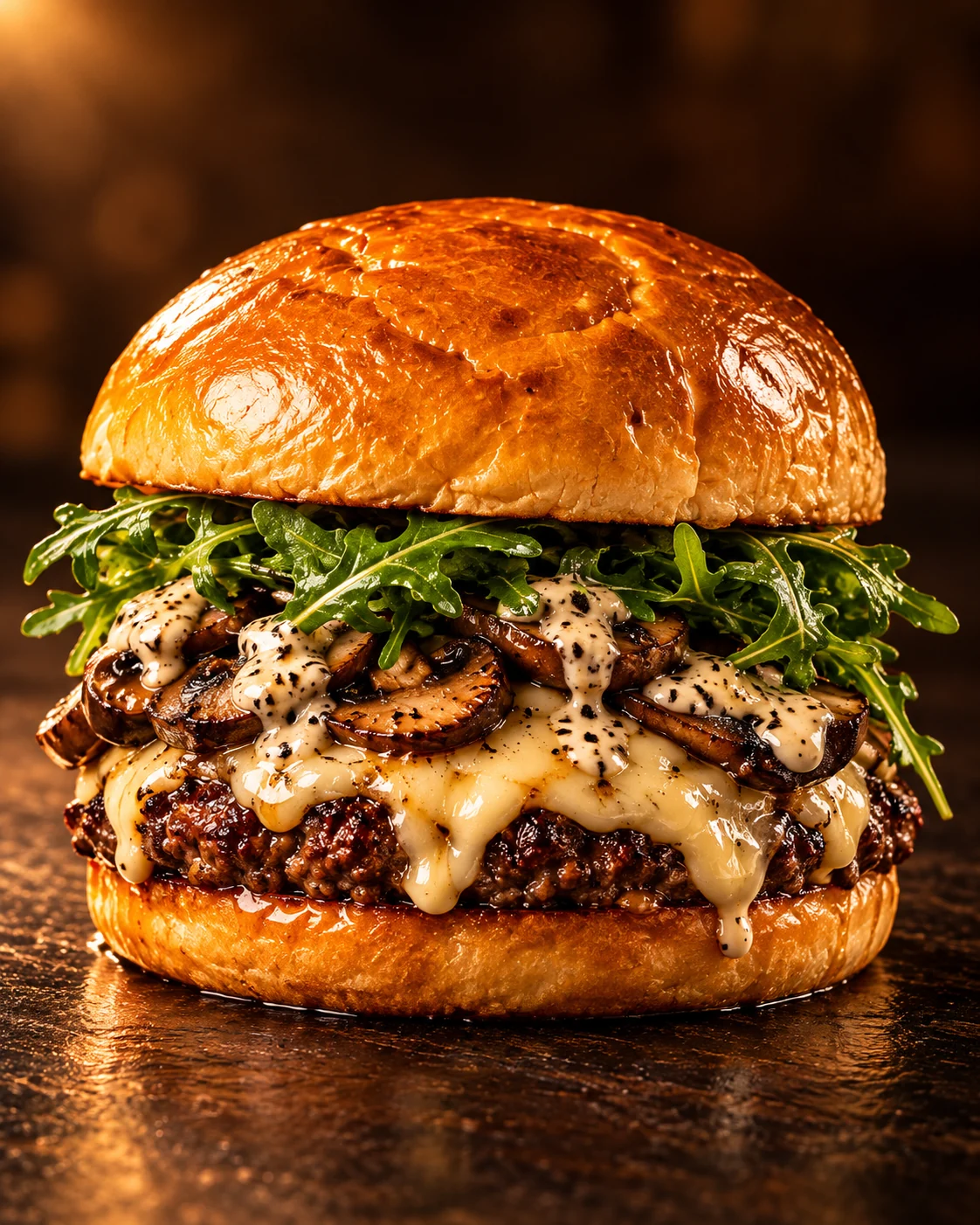 Burger con funghi grigliati, fontina e salsa al tartufo