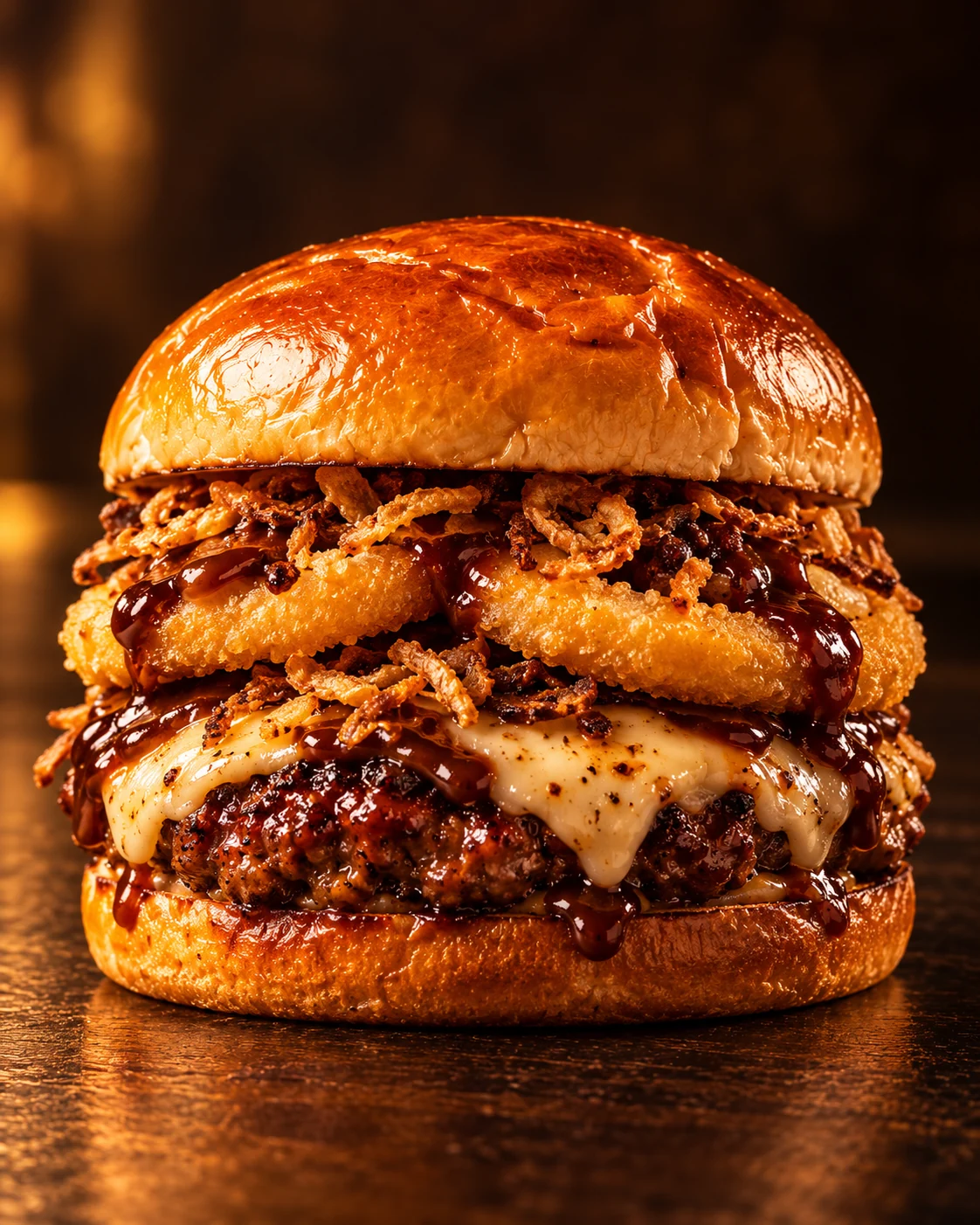 Burger affumicato con salsa barbecue e anelli di cipolla