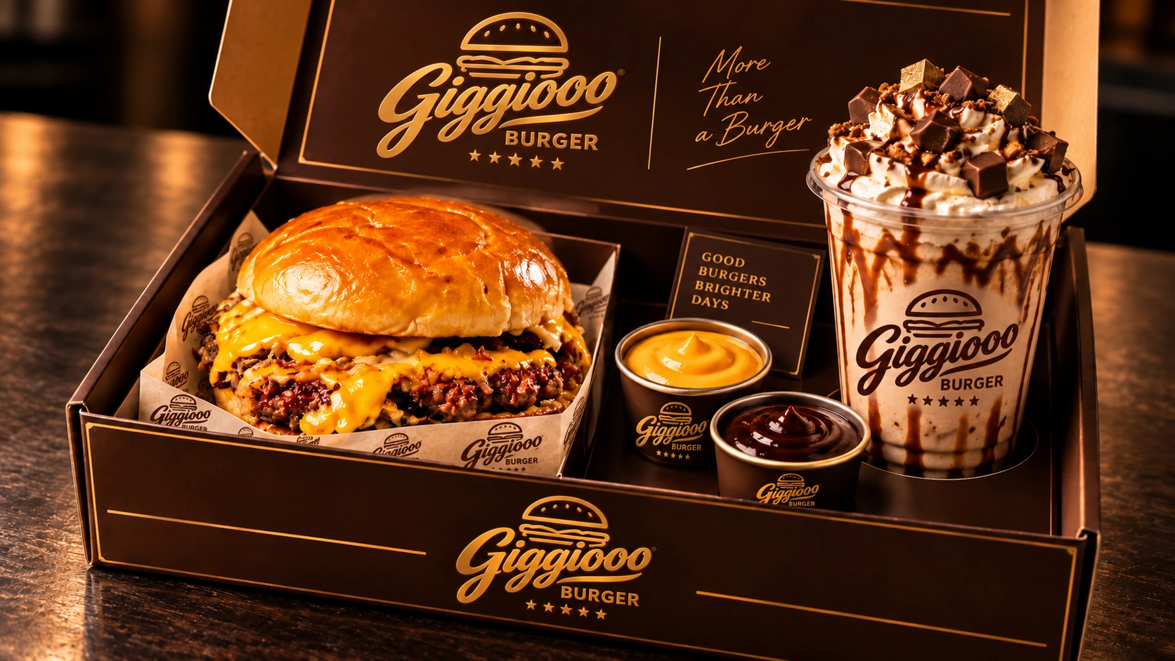 Confezione premium Giggiooo Burger con burger, salse e bevanda al cioccolato